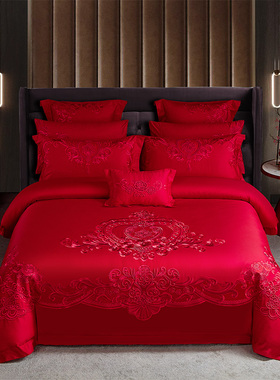 120支长绒棉婚庆四件套全棉大红色刺I绣结婚房喜被礼纯棉床上用品