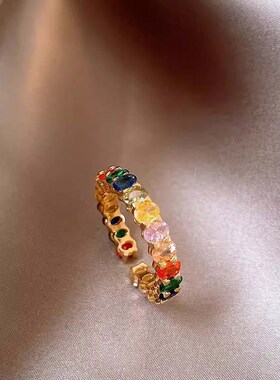 彩色镶钻锆石戒指女轻奢简约食指戒小众设计复古开口可调节指环