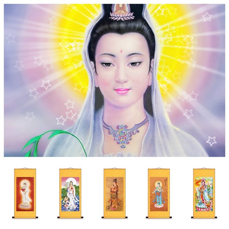 观音菩萨家用坐莲佛像挂画送子玉站莲南海世水滴娘供图卷轴