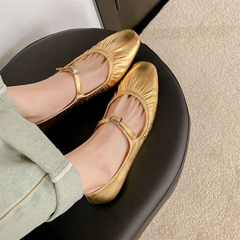 2024新款真皮单鞋女银色气质百搭脚面绑带低跟平底鞋气质金色时尚,女鞋,玛丽珍鞋,淘宝优惠券,粉丝福利购,淘宝优惠卷