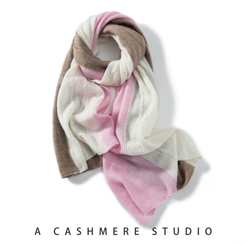 狠柔软秋冬季100%纯山羊绒大围巾披肩两用拼接三色针织保暖女围脖