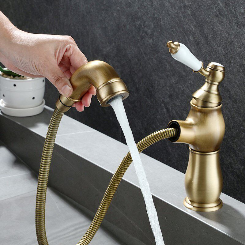 法式全铜抽拉水龙头冷热复古卫生间面盆洗手台上盆浴室柜家用仿古