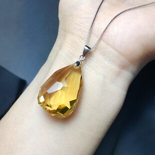 天然黄水晶切面吊坠大号黄晶项链银链男女情侣款 圣诞节秋冬毛衣链