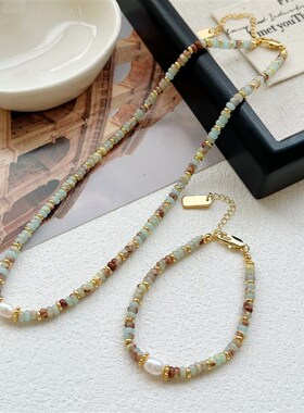 彩色珍珠寿山石项链女 复古民族风 高级感锁骨链2024新款轻奢小众