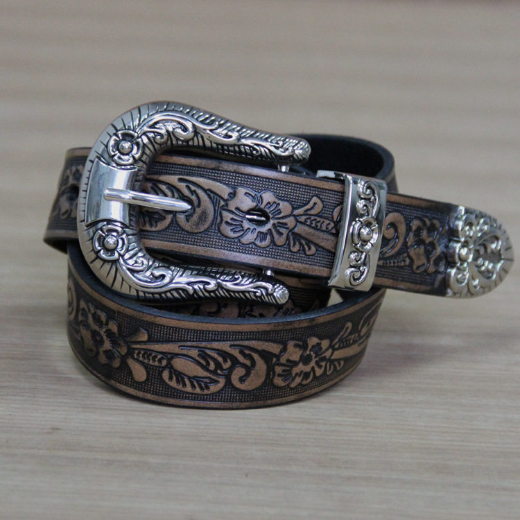 头层牛皮 小玫瑰压花皮雕女士腰带 寸三细男式个性皮带 中性腰带