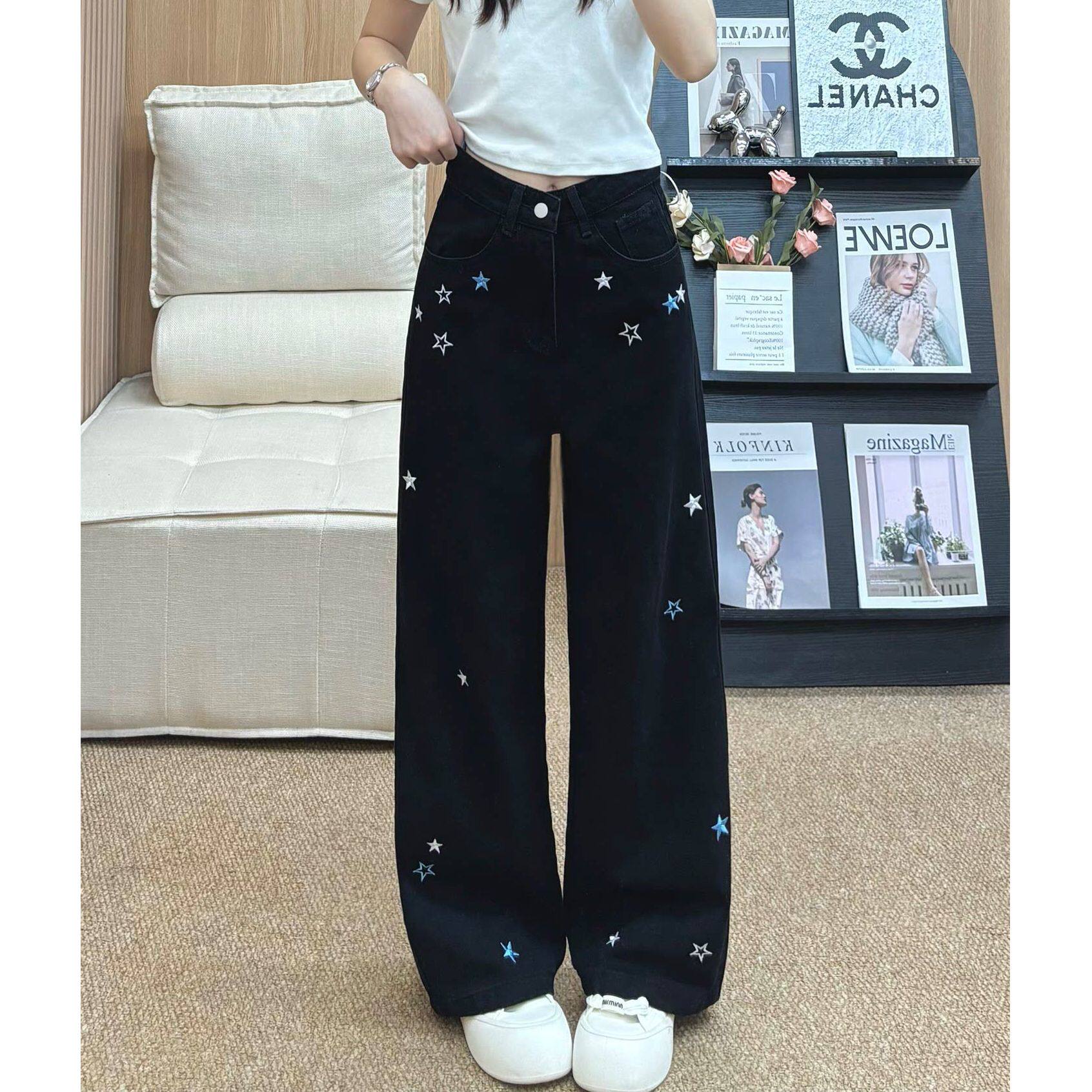 黑色星星刺绣阔腿牛仔裤女2026新款高腰宽松显瘦梨形身材直筒裤子