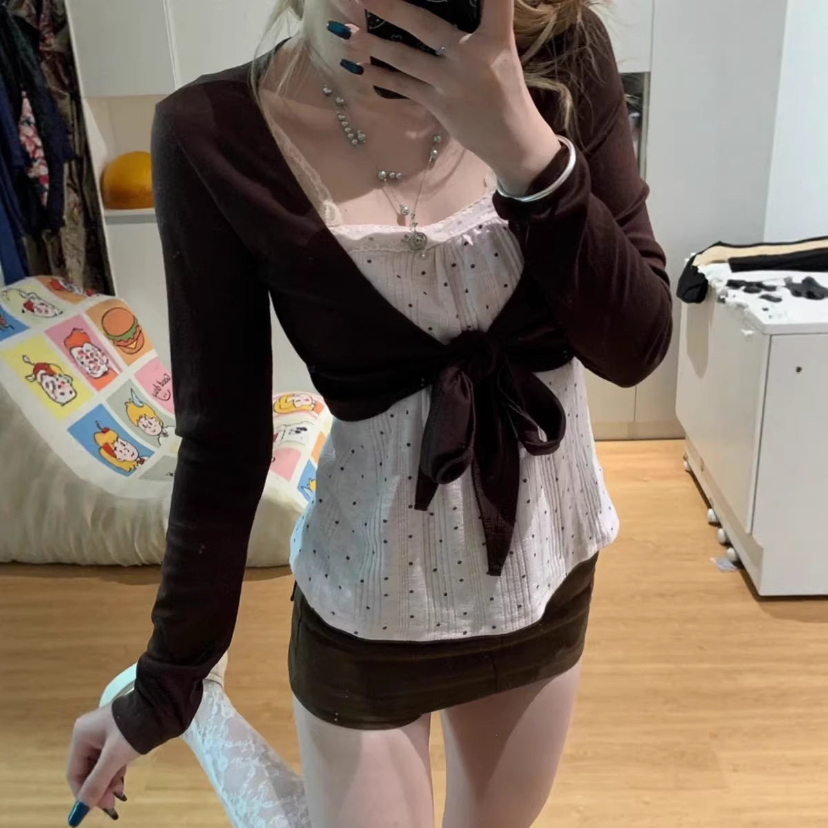 大码胖mm韩系甜美蕾丝花边波点背心女春季新款短款开衫上衣两件套
