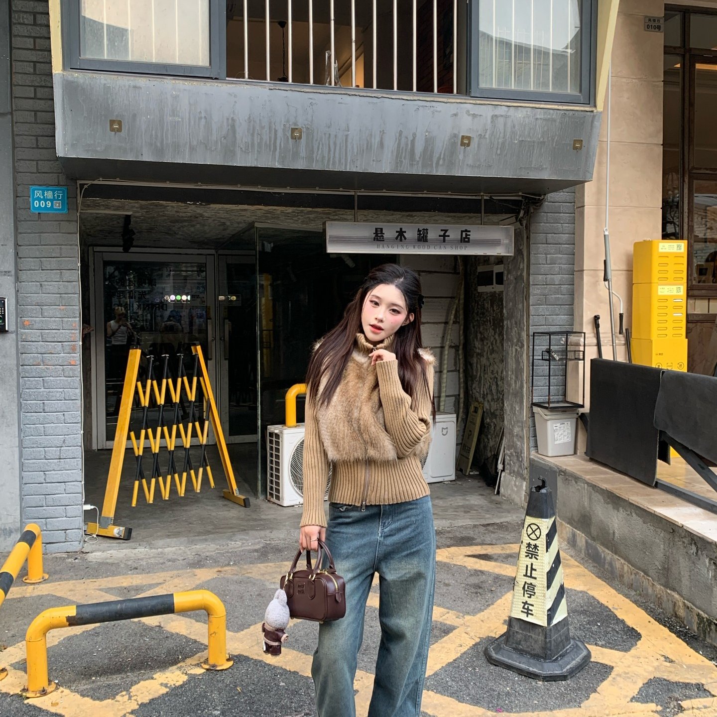 美拉德风立领仿皮草外套女毛毛马甲拼接针织长袖短款拉链上衣秋冬