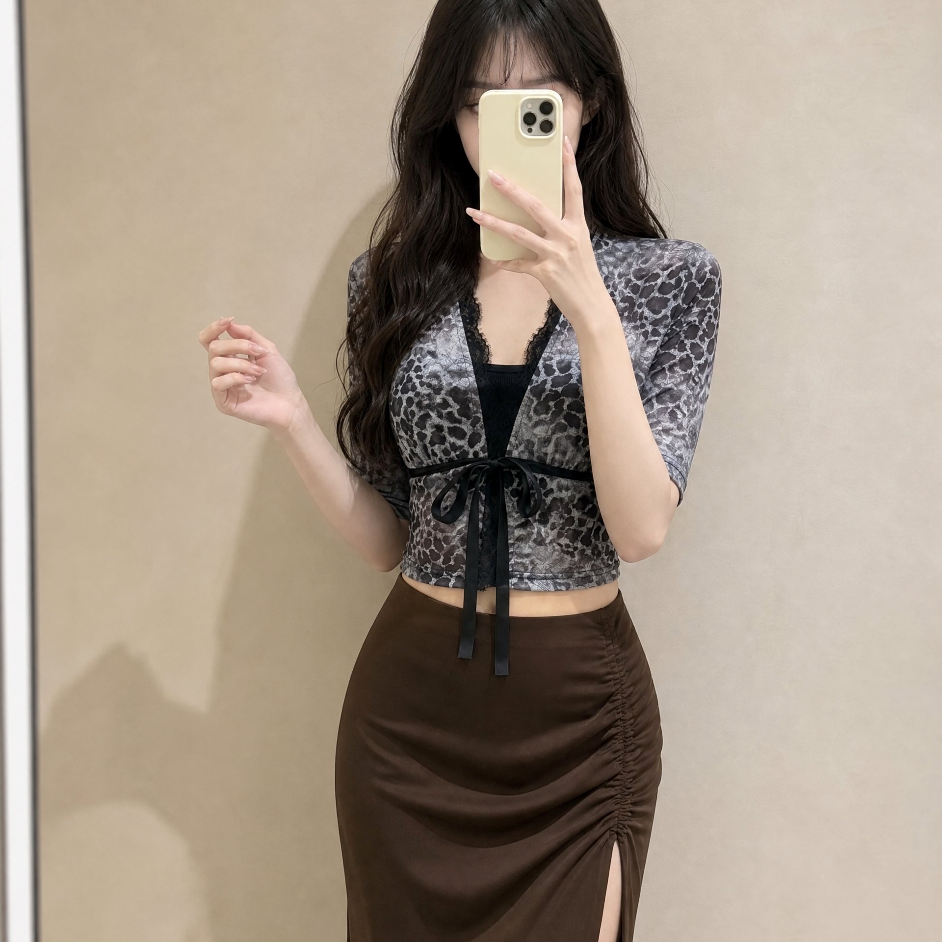 2026夏季新款美式辣妹风豹纹开衫绑带中袖T恤修身显瘦性感上衣女