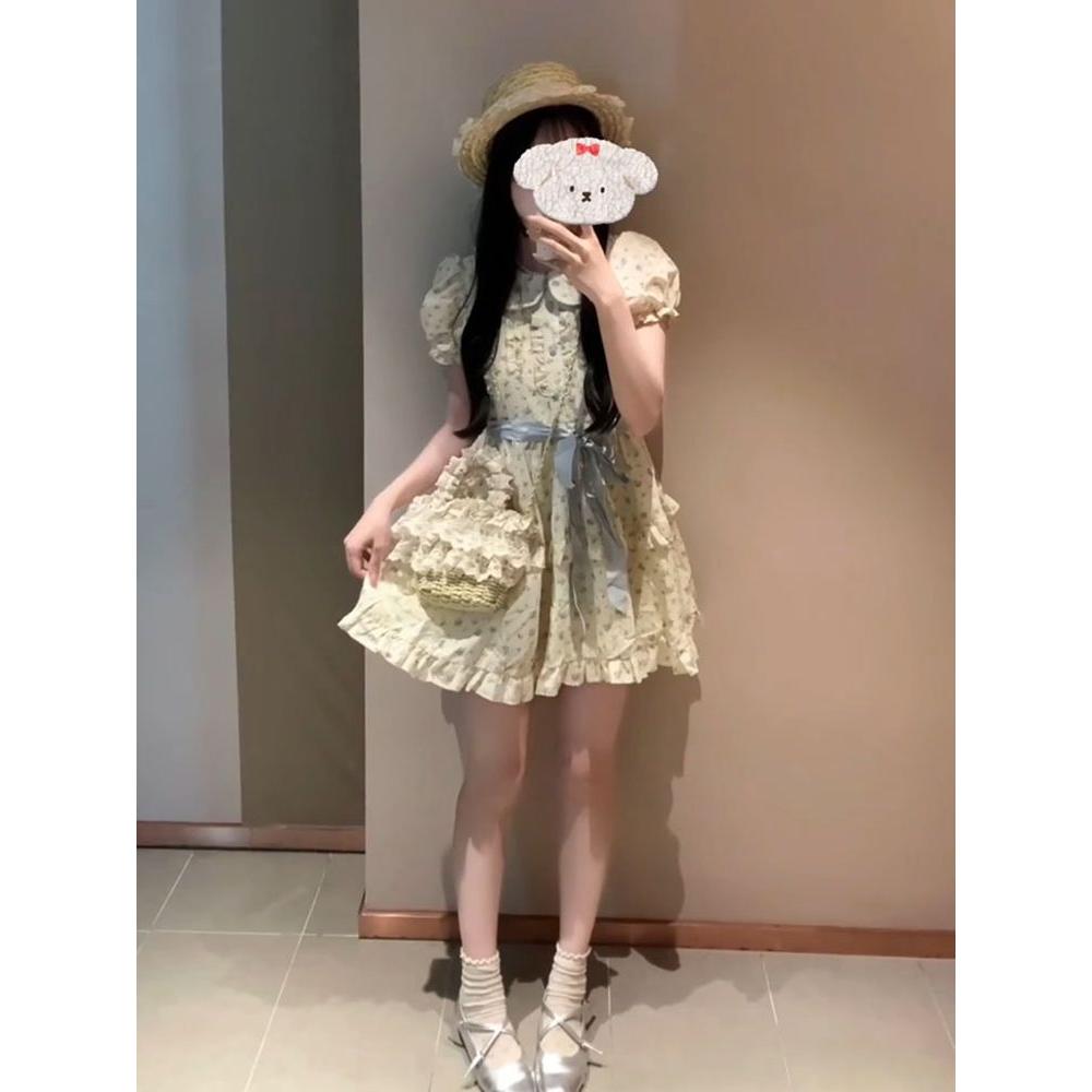 复古收腰小个子娃娃领泡泡袖茶歇法式显瘦碎花连衣裙中长款女裙子