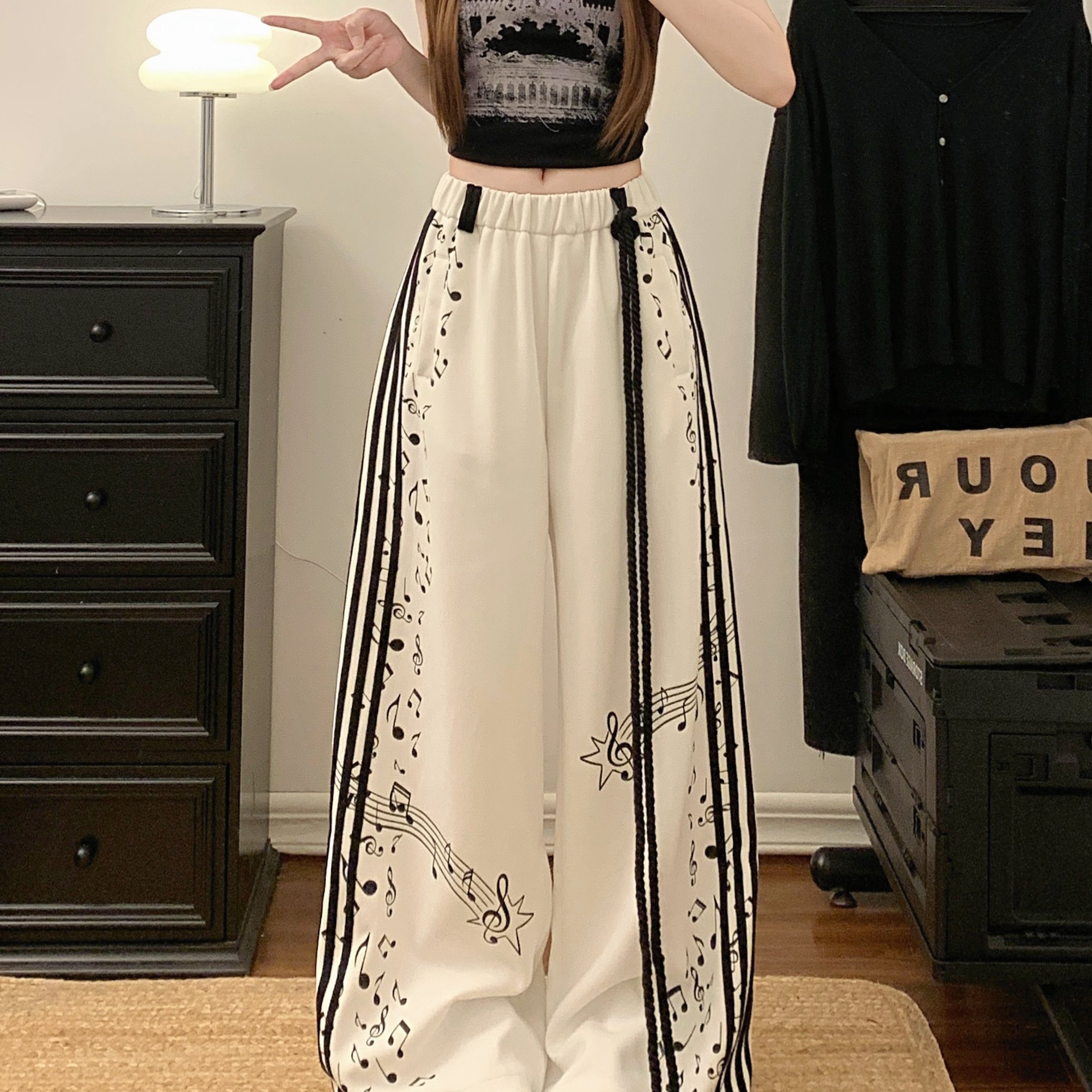 印花条纹阔脚休闲裤女2026夏季美式复古直筒束脚裤子