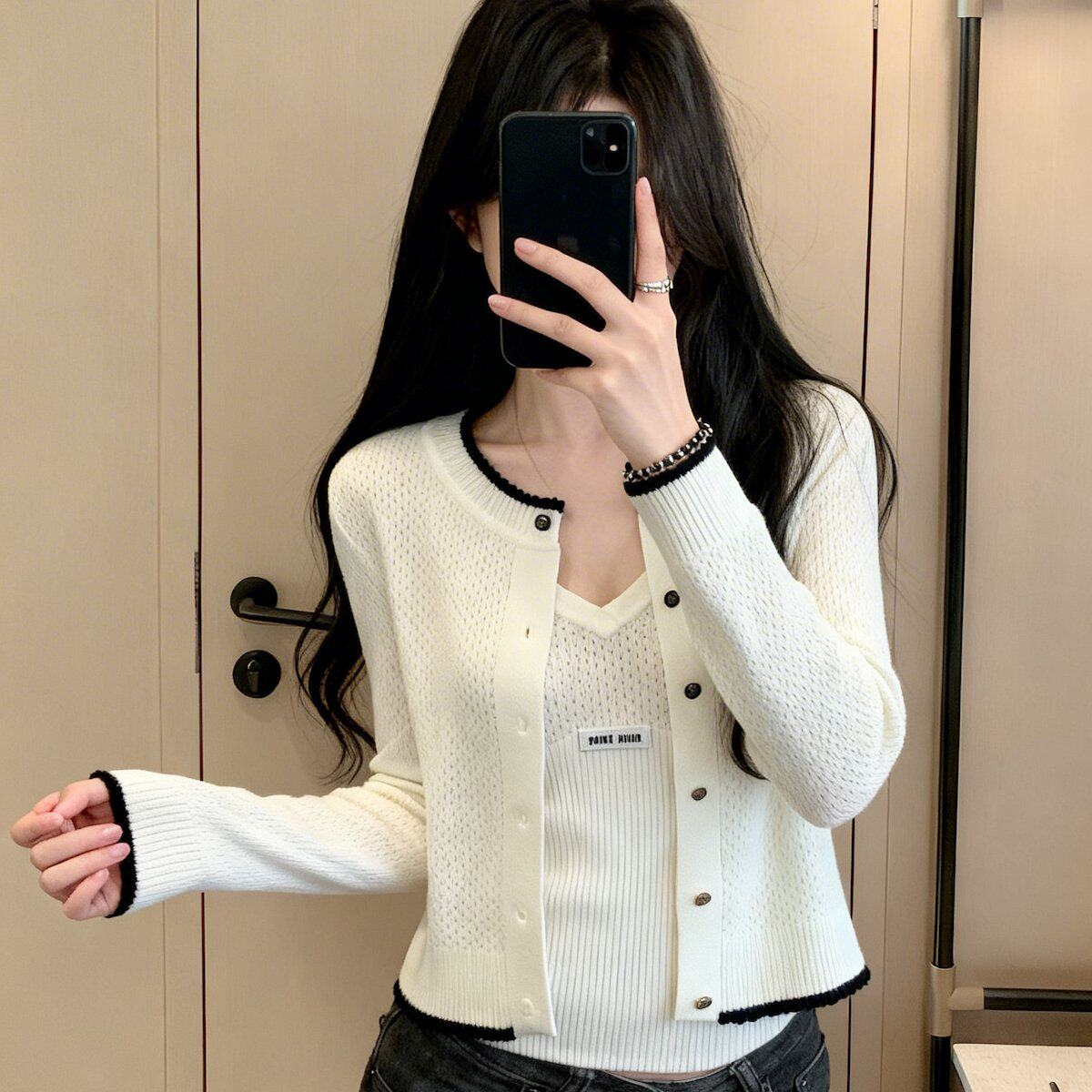 已保护 纯欲辣妹套装女早春镂空针织开衫上衣吊带背心两件套
