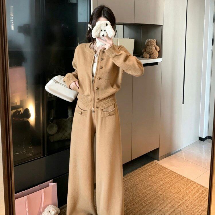 时尚气质套装女秋冬复古慵懒风加厚针织毛衣开衫休闲阔腿裤两件套