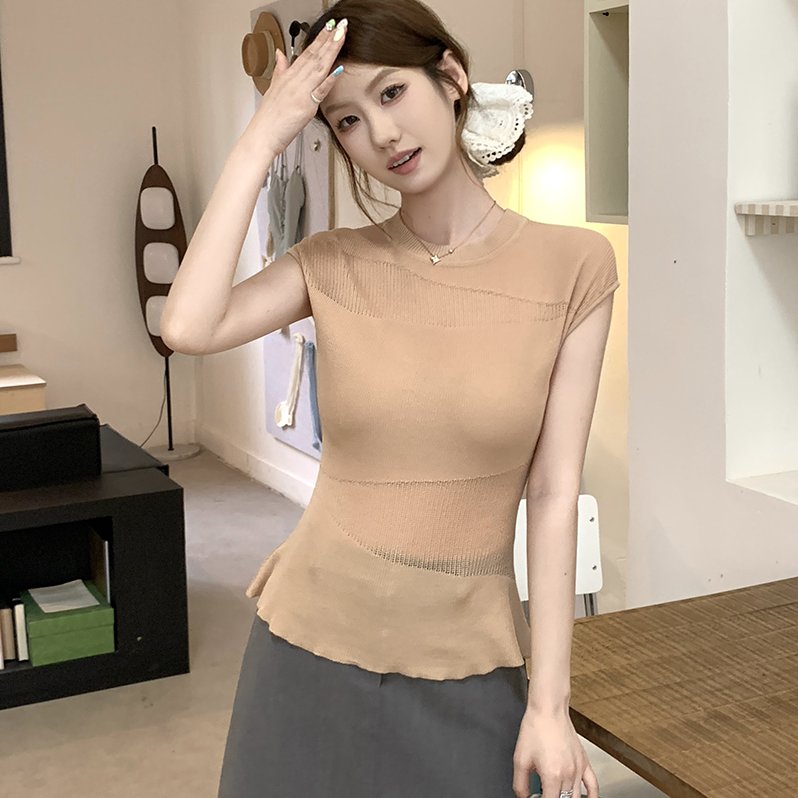 ~针织圆领横条纹肌理无袖T恤女2026夏季新款修身显瘦气质上衣