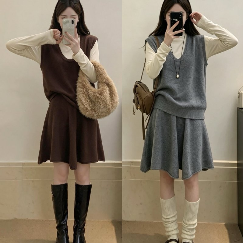 2026大码女装秋冬新款韩版针织长袖打底+马甲+半身裙三件套