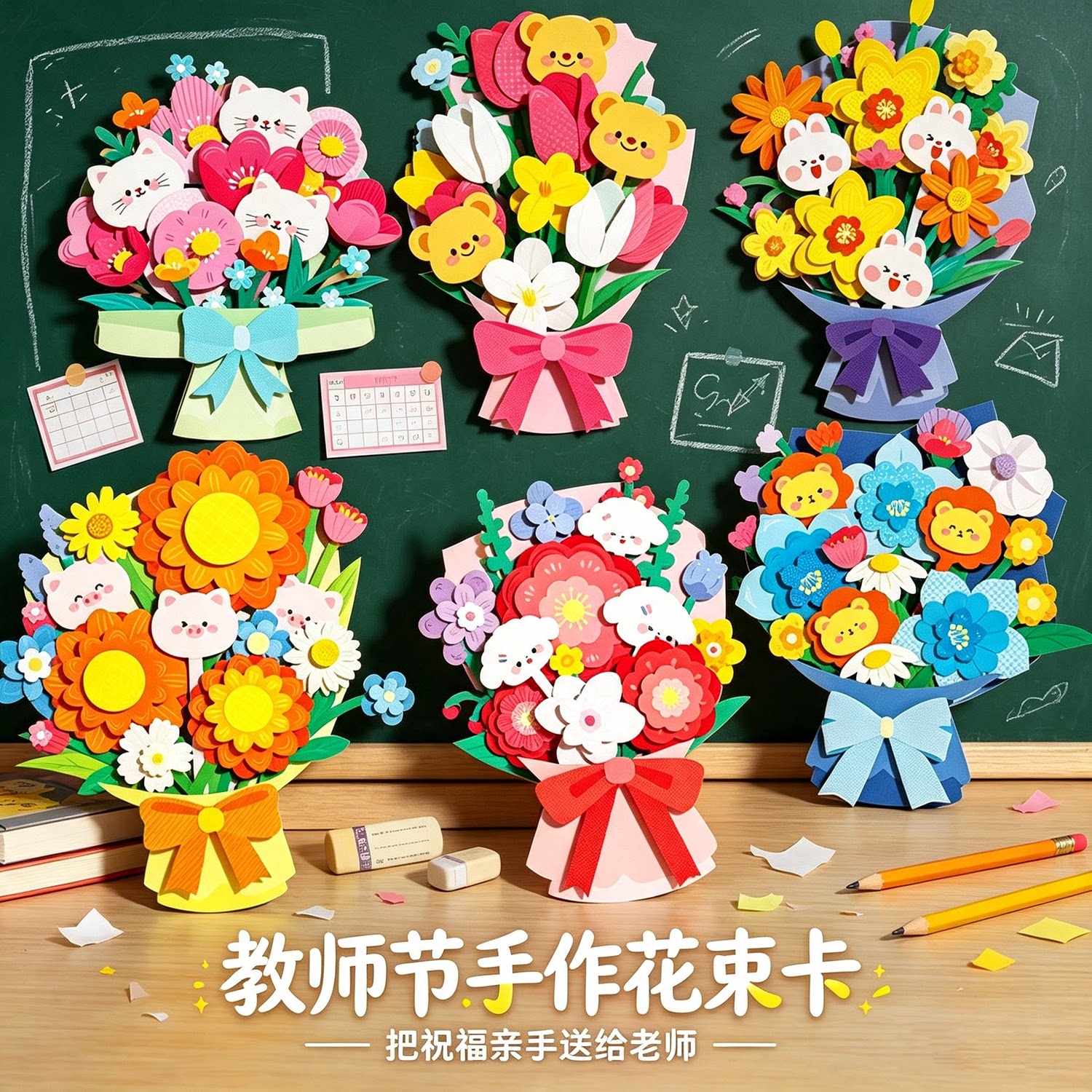教师节立体花束贺卡幼儿园小学生儿童手工制作感恩送老师创意礼物