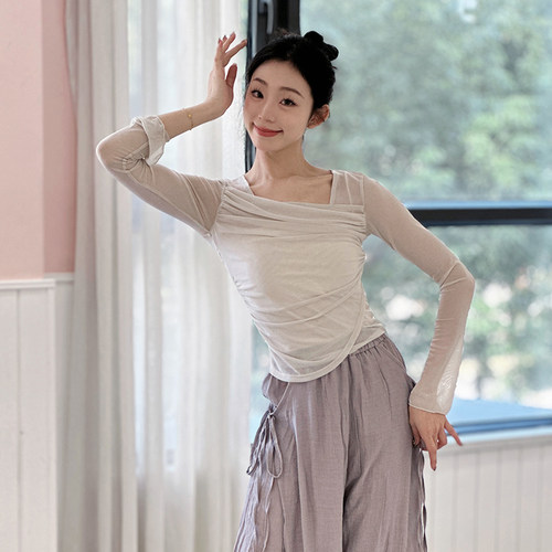 悦姿秋冬黑色网纱长袖舞蹈练功服