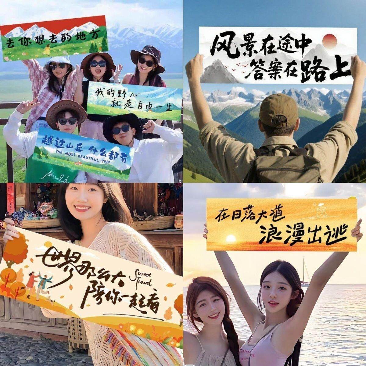 旅游团建小手幅爬山拍照道