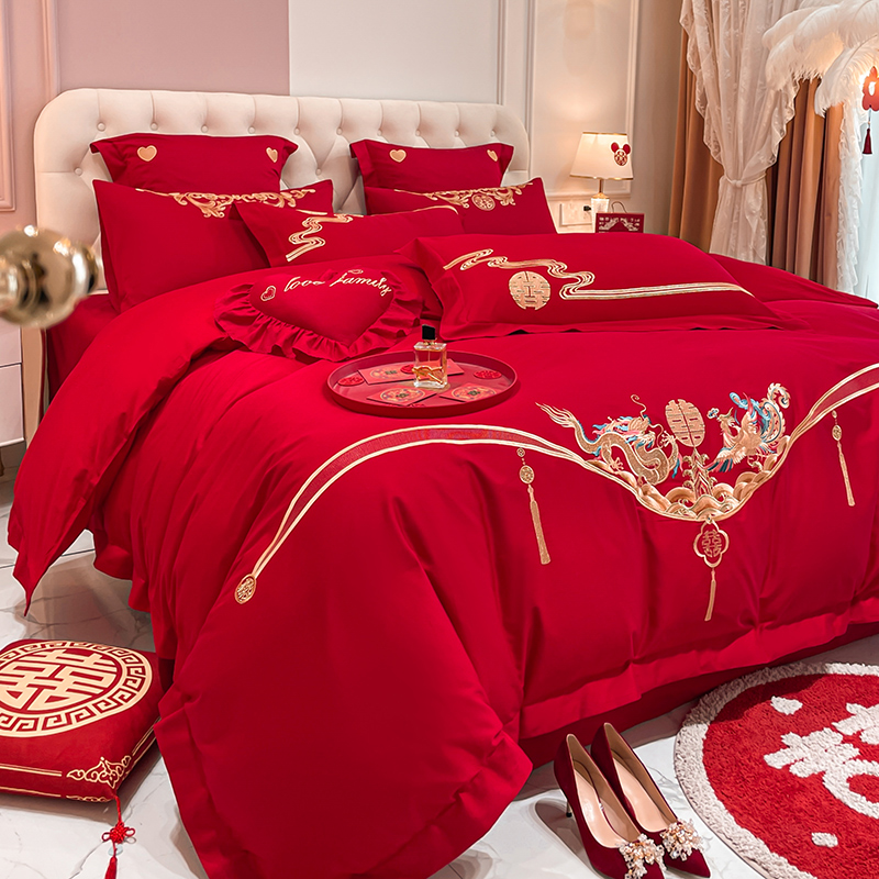 结婚婚房床上四件新婚陪嫁床品婚庆喜庆被褥全大红色床单被