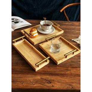 竹木托盘家用双耳茶点盘酒店餐厅长方形茶杯水果摆盘茶具托盘 日式