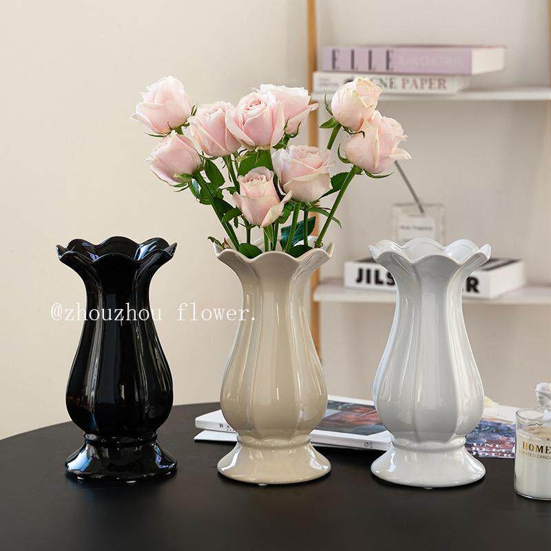 白色大口径陶瓷花瓶水培鲜花插花客厅摆件高级感防风灯花瓶水培鲜