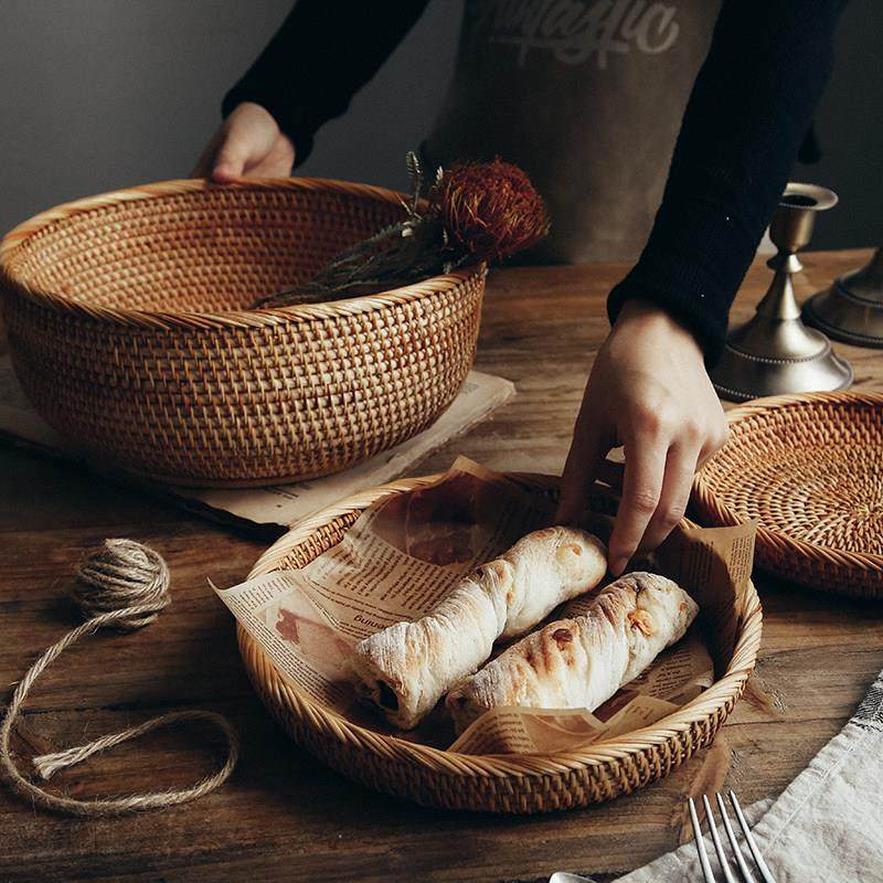 CD复古客厅茶几托盘手工天然藤编织篮馒头水果面包收纳筐圆形篮子,餐饮具,果盆/果盘/果篮,淘宝优惠券,粉丝福利购,淘宝优惠卷
