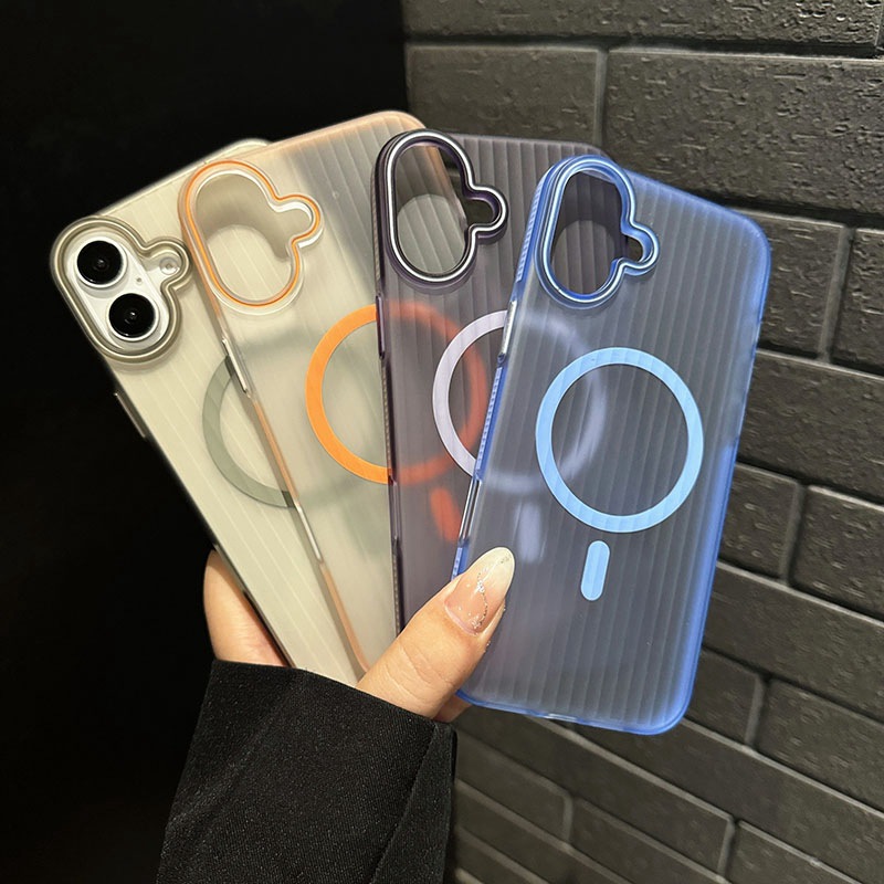 适用iPhone16磨砂条纹瓦楞半透明磁吸手机壳苹果15promax保护套14