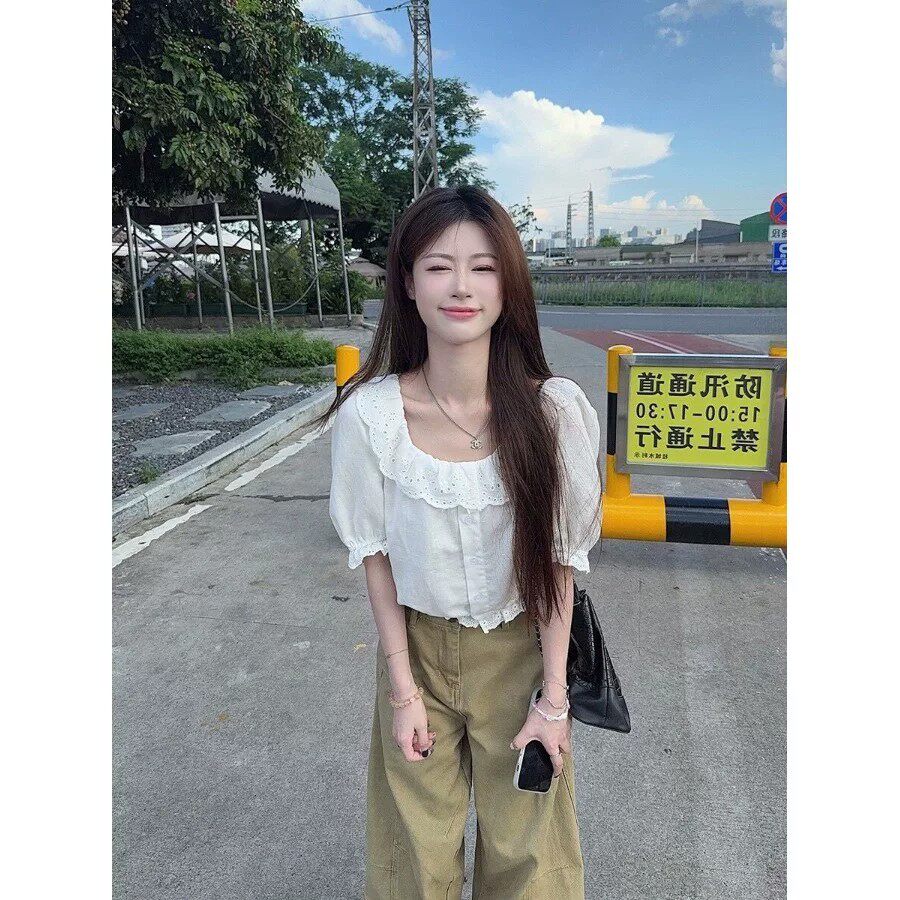 法式浪漫一字肩泡泡袖花边衬衫女春夏季短袖白色气质花边修身上衣