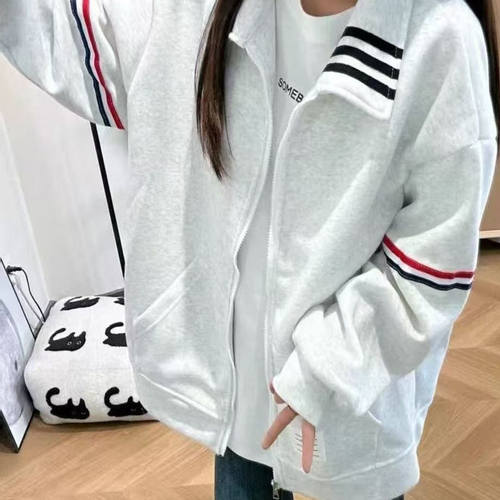 潮牌三条杠加绒加厚POLO领卫衣女