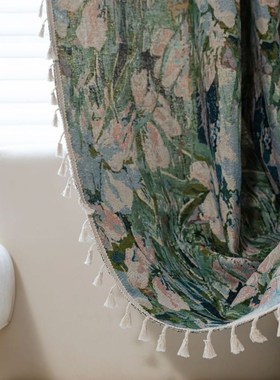 窗帘绿色花朵波西米亚提花流苏窗帘免打孔飘窗半遮光提花绿色荷花