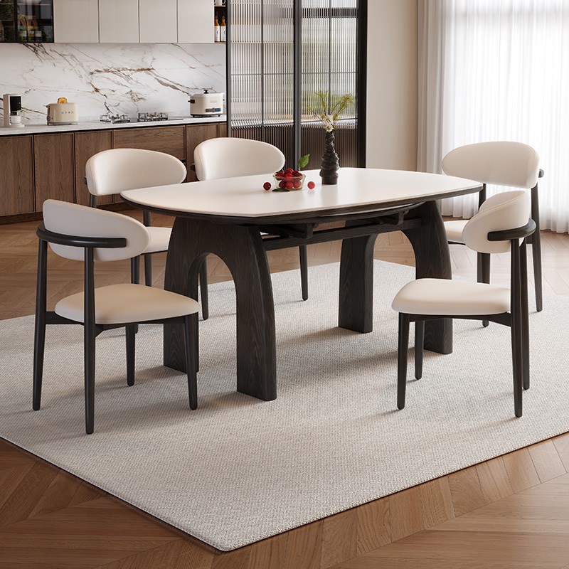 黑色复古风可伸缩实木餐桌椅现代简约小户型折叠两用法式岩板圆桌