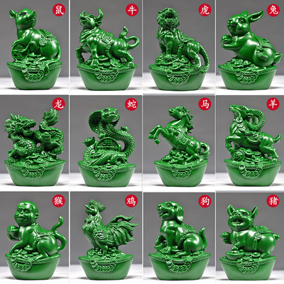 绿色木雕十二生肖摆件一实木质鼠牛虎兔龙蛇马羊猴鸡狗猪工艺品
