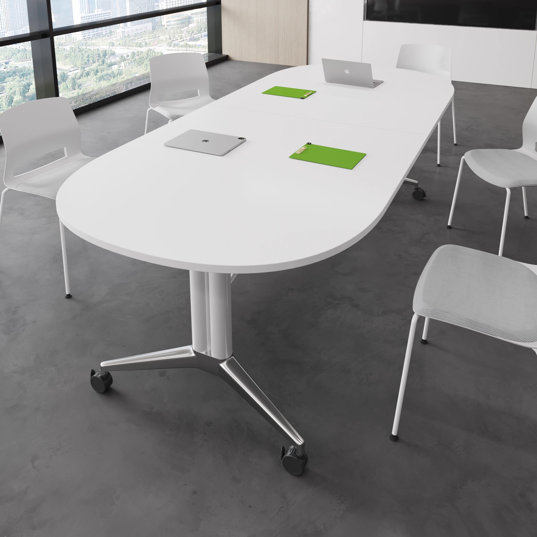 现代简约折叠会议桌白色椭圆形板式长桌办公室便携可移动桌子带轮