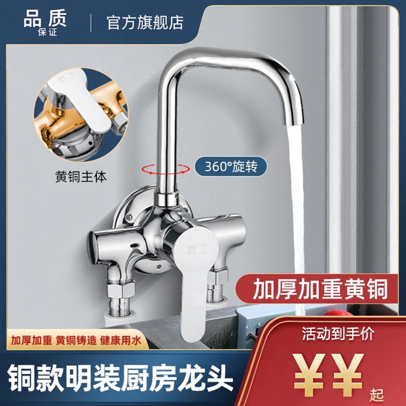 黄铜加重挂墙明装厨房冷热龙头