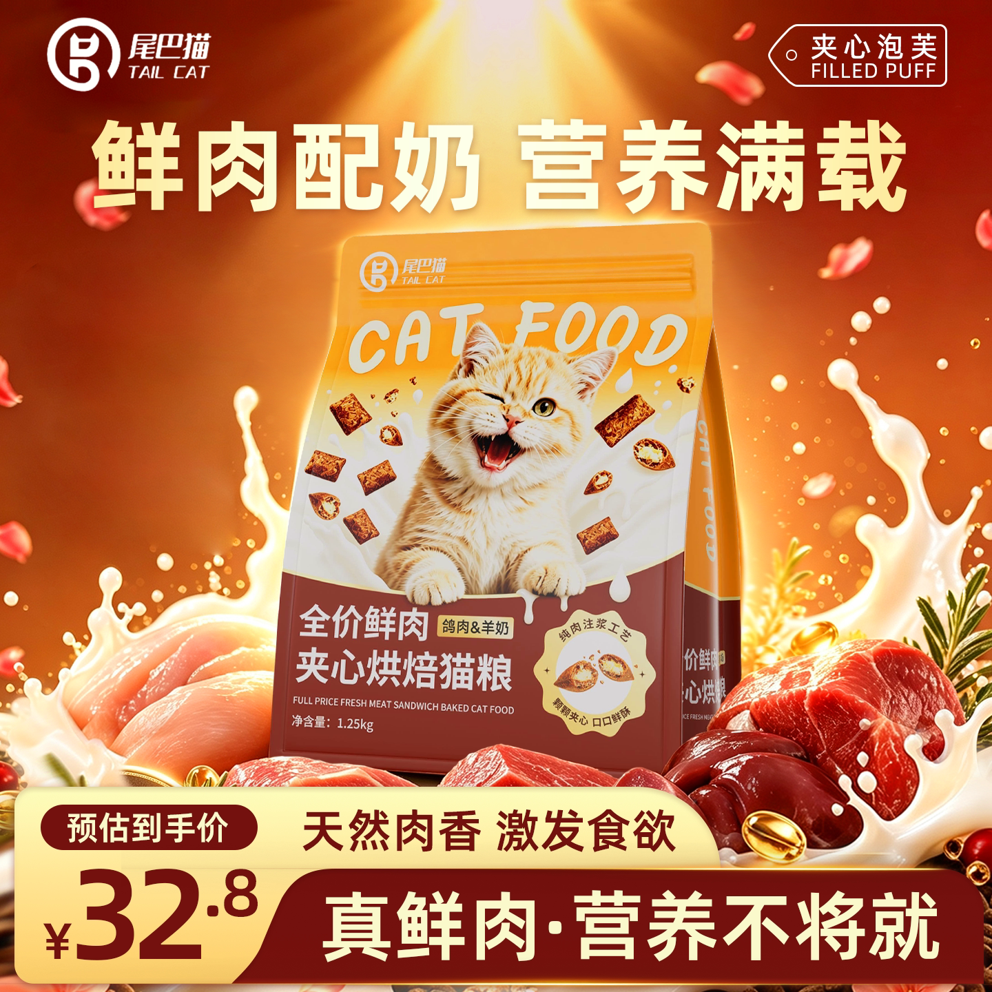 尾巴猫猫粮全价鲜肉无谷低温烘焙泡芙夹心羊奶通用型成猫幼猫主粮