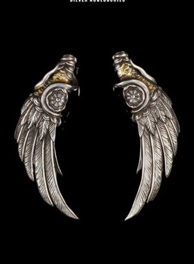 【一丁轮回银饰】风栖翼羽毛吊坠手工藏银镶金银版男款镶嵌送礼