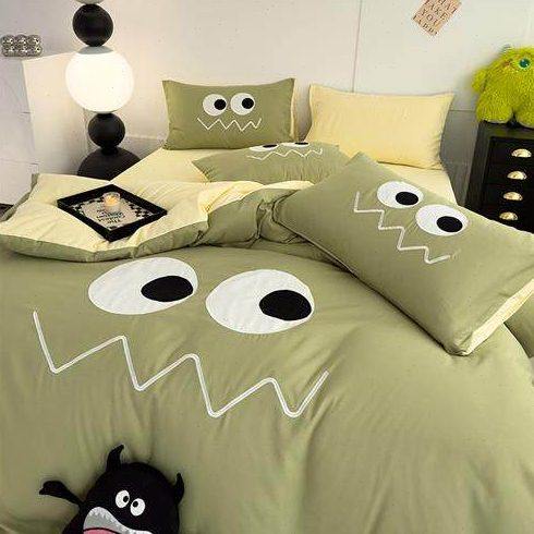 现货速发风学生牀上用品四件套刺绣小怪兽可爱简约纯拼色牀单,床上用品,学生床品套件,淘宝优惠券,粉丝福利购,淘宝优惠卷
