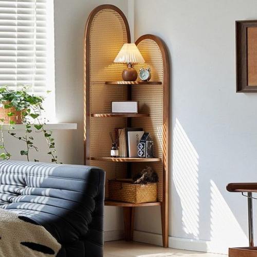 法式中复古实木藤编三拐转角柜子置物书架客厅沙发边收纳屏风装饰