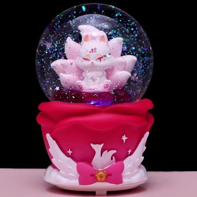 可爱狐仙玫瑰九尾狐彩灯飘雪旋转水晶球音乐盒女孩儿童生日礼物