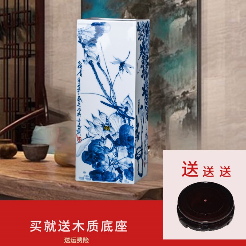 景德镇陶瓷器手绘青花瓷四方瓶装饰摆件家居客厅书房插画筒工艺品图片