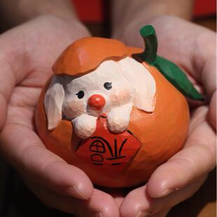 橘子小兔子木雕车载摆件个性家居饰品桌面办公可爱小摆件创意生日