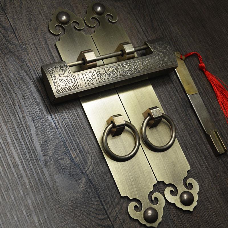 仿古铜素面加厚直条拉手衣橱柜门把手配中式铜锁老式挂锁双开门锁