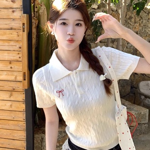 女2025新款 polo领针织短袖 刺绣复古学院风麻花毛衣t恤上衣