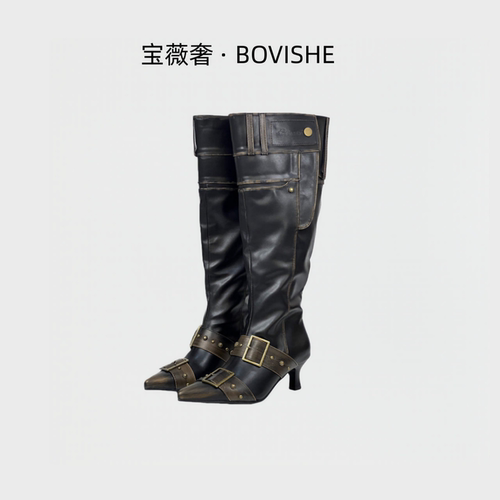 尖头金属扣西部牛仔堆堆长筒女靴