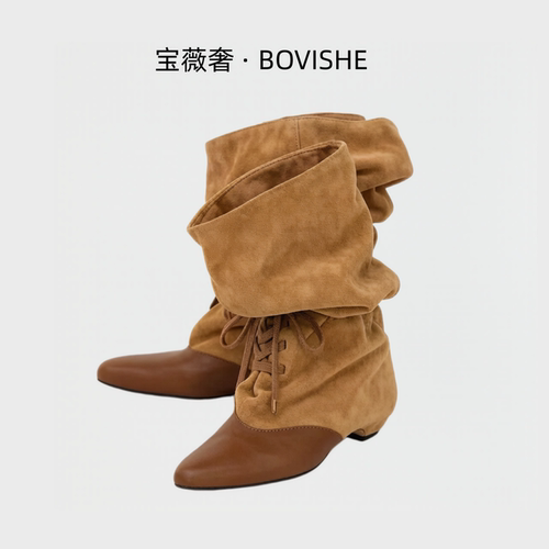 复古粗跟尖头系带显瘦牛仔靴女