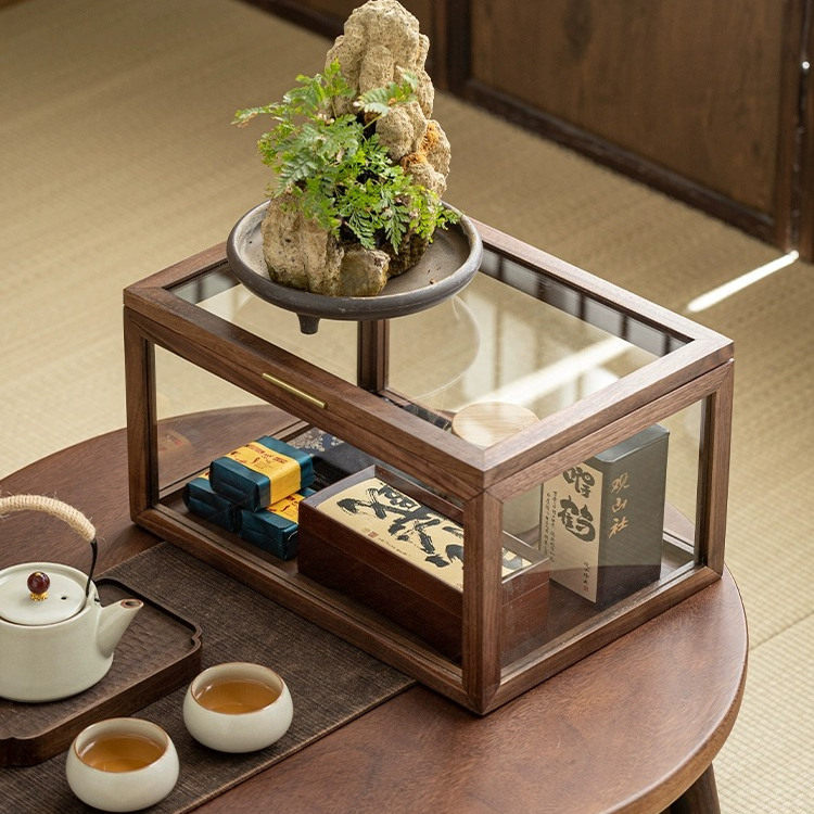 胡桃实木模型收纳盒家用客厅防尘展示柜茶具置物架紫砂壶收纳柜子