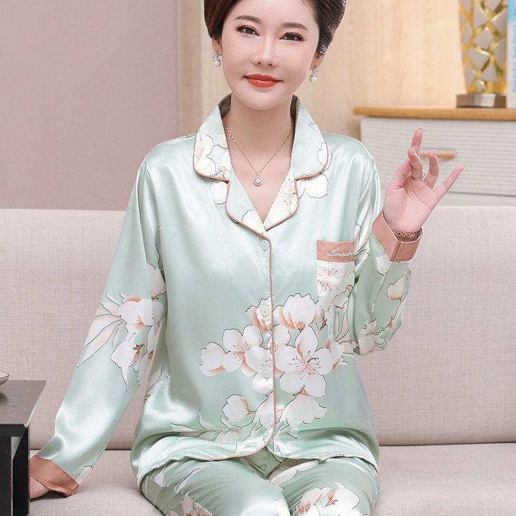 妈妈睡衣冰丝春夏季薄款长袖中年人妇女士丝绸家居服休闲真丝套装