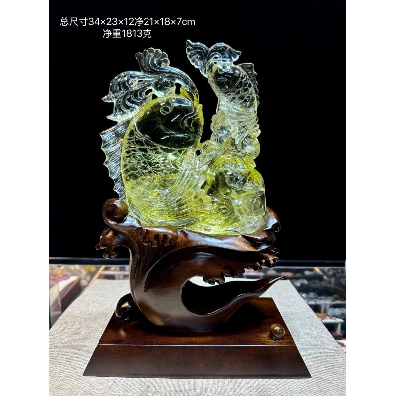 天然巴西原矿黄水晶手工雕刻鲤鱼跃龙门特色精致摆件摆饰1813克凯