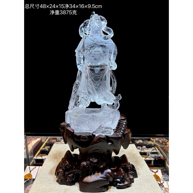 天然巴西原矿白水晶手工雕刻武财神关公关二爷特色精致摆件摆饰凯