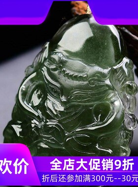 天然巴西翠绿幽灵双面手工雕刻九尾狐狸吊坠项链毛衣链接近净体即
